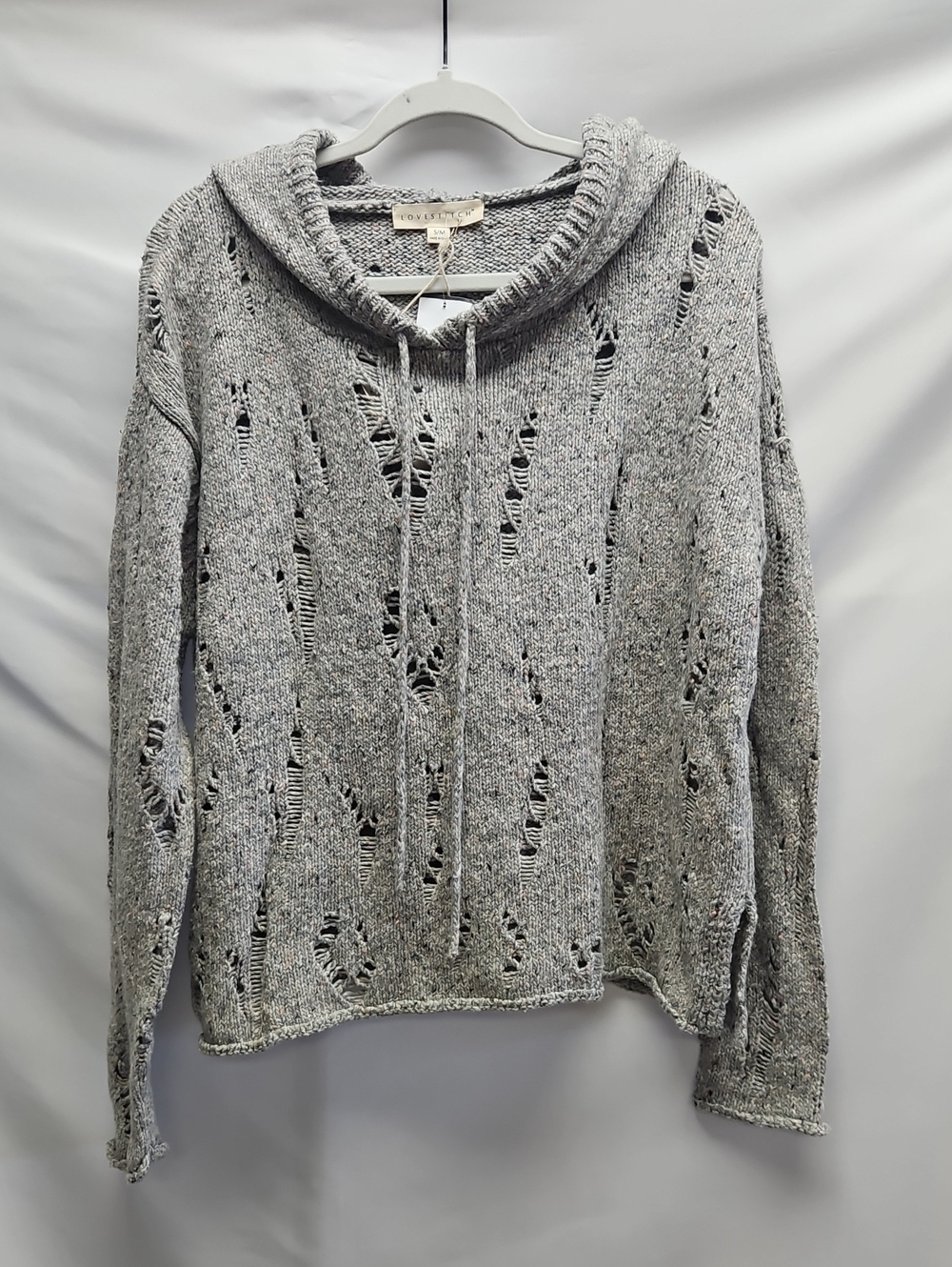Love Stitch Distressed Hooded Sweater Womens S/M Gray Open Knit Boho Festival NW